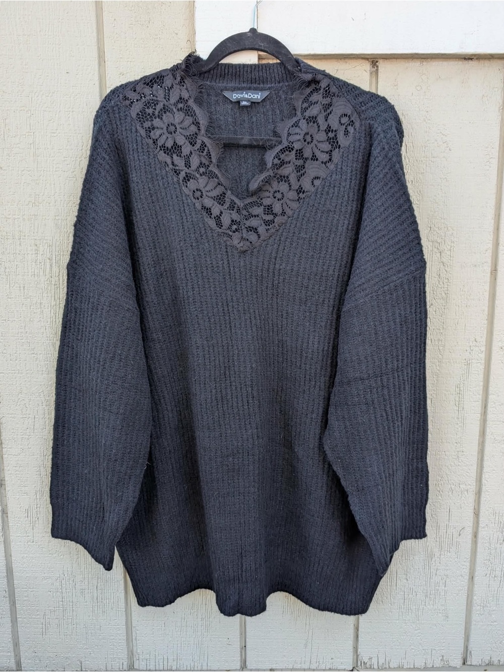 DAVI & DANI Black Lace-Trim V-Neck Sweater
